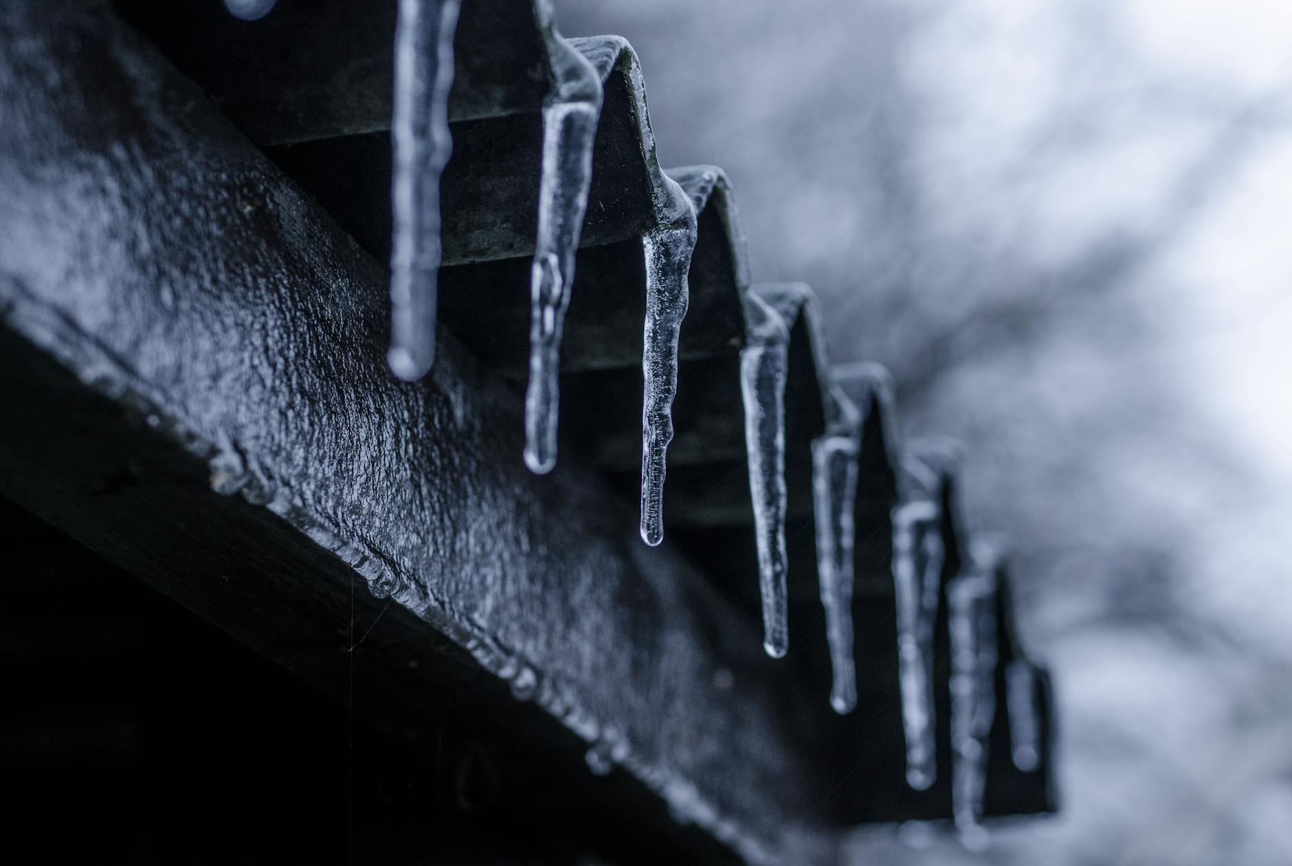 close up photography of ice crystals on edges of corrugated sheets