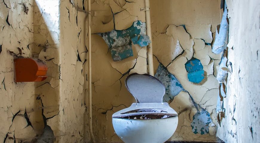 a damaged toilet inside an abandoned building